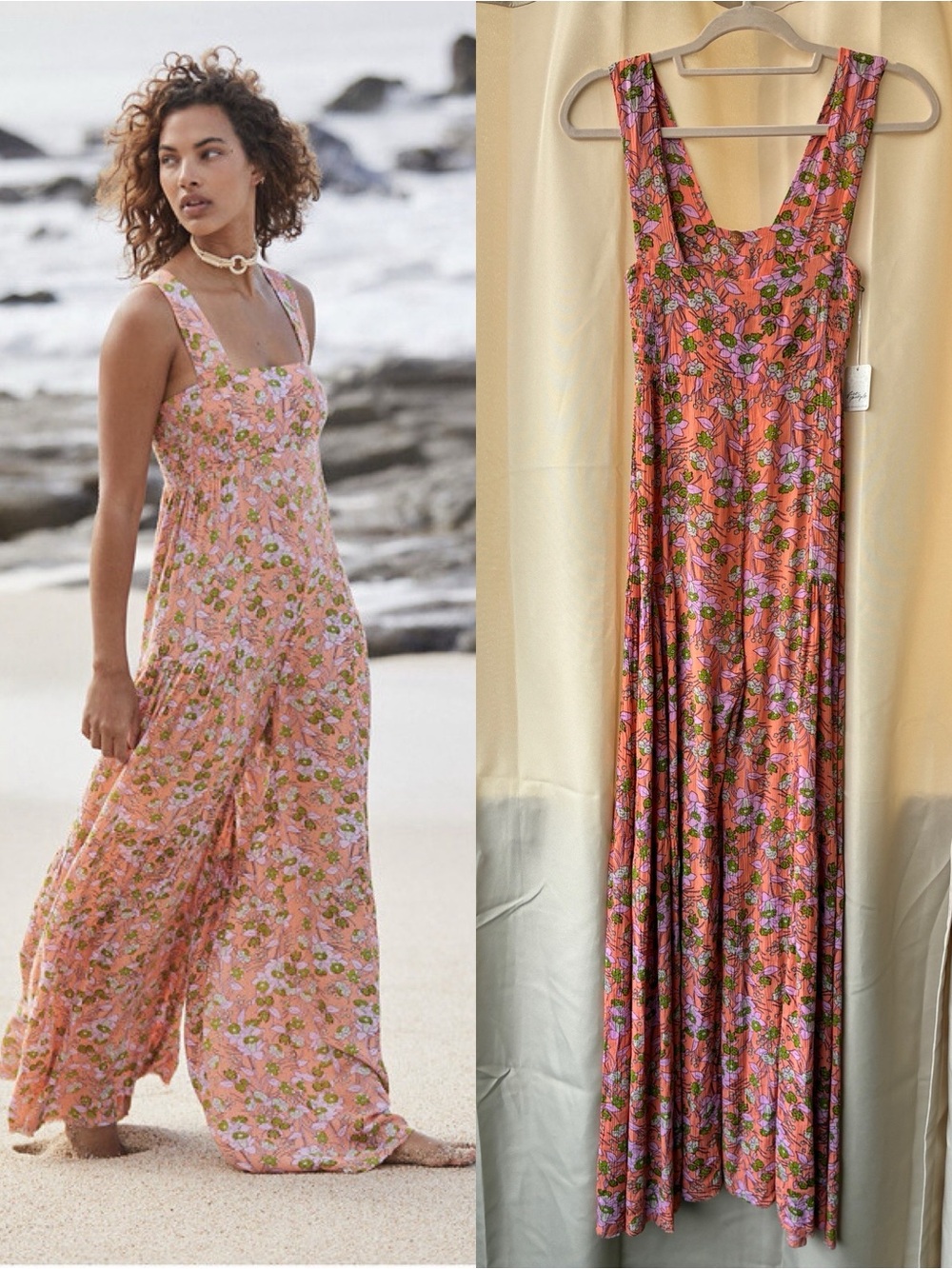 NWT Free People FP One Aloha One Piece Printed Wide Leg Jumpsuit Coral XS